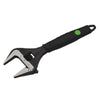 Adjustable wrench with wide steel jaws, built-in measurement scale, and black rubberized grip handle