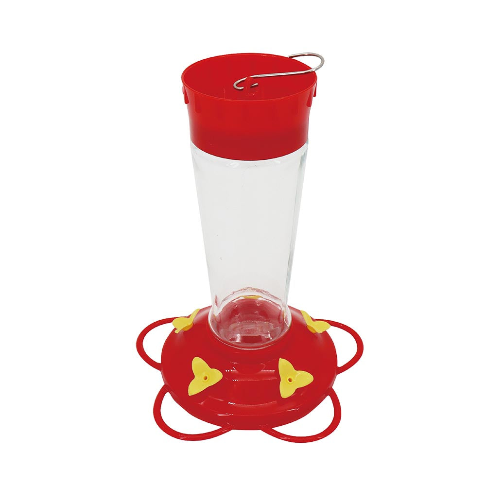 Hummingbird feeder with a transparent tube, red top and base, and yellow flower-shaped feeding stations.