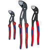 Set of three Knipex water pump pliers with adjustable jaws, black metal heads, and dual-color red and blue handles.