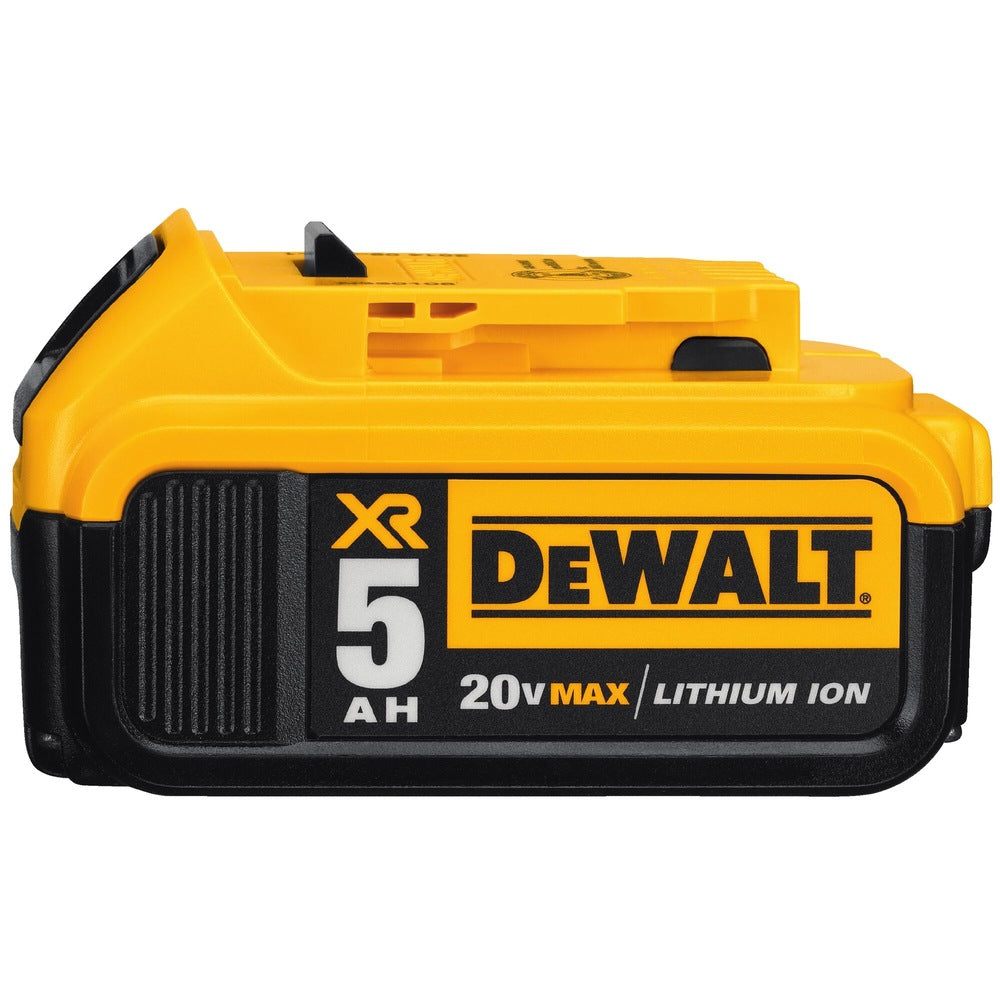 DeWalt 20V Max XR 5Ah lithium-ion battery pack with a compact, rectangular design and yellow-black casing.