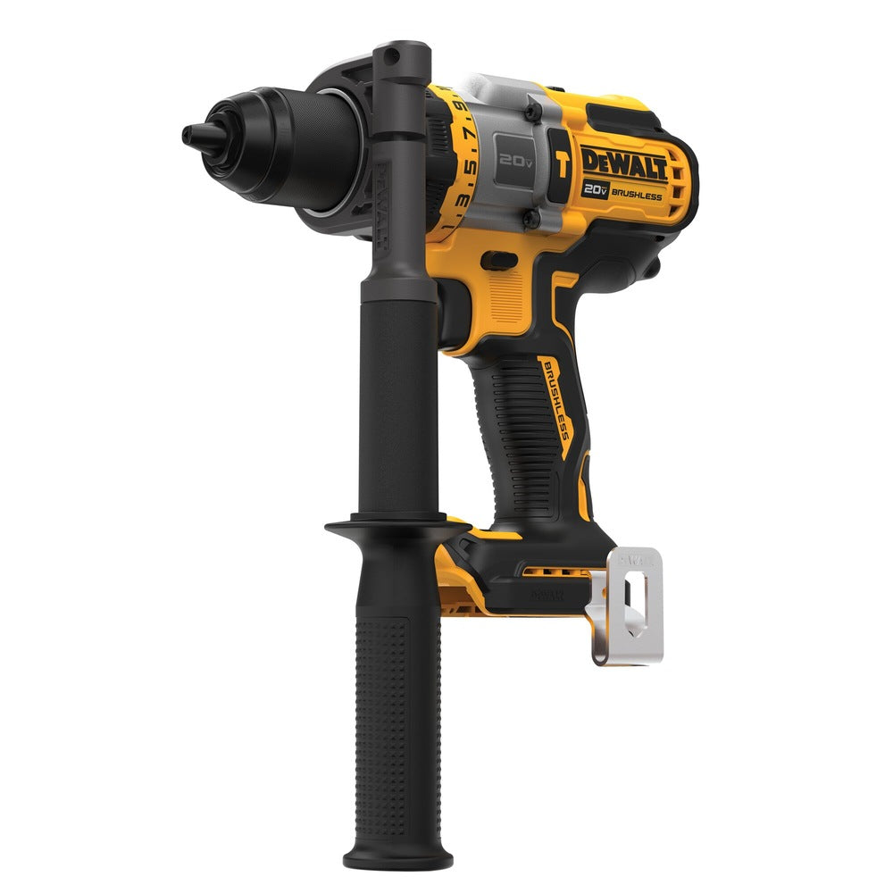 DEWALT 20V MAX brushless hammer drill with a robust auxiliary handle, keyless chuck, and ergonomic grip. Features a metal belt clip.