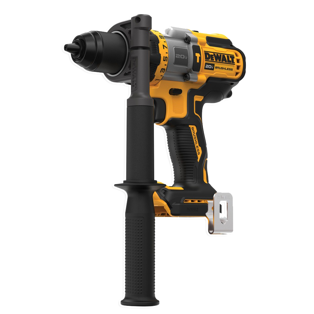 A DeWalt cordless power drill with a yellow and black design, featuring a brushless motor, a side handle for extra grip, and a 20V battery attachment."