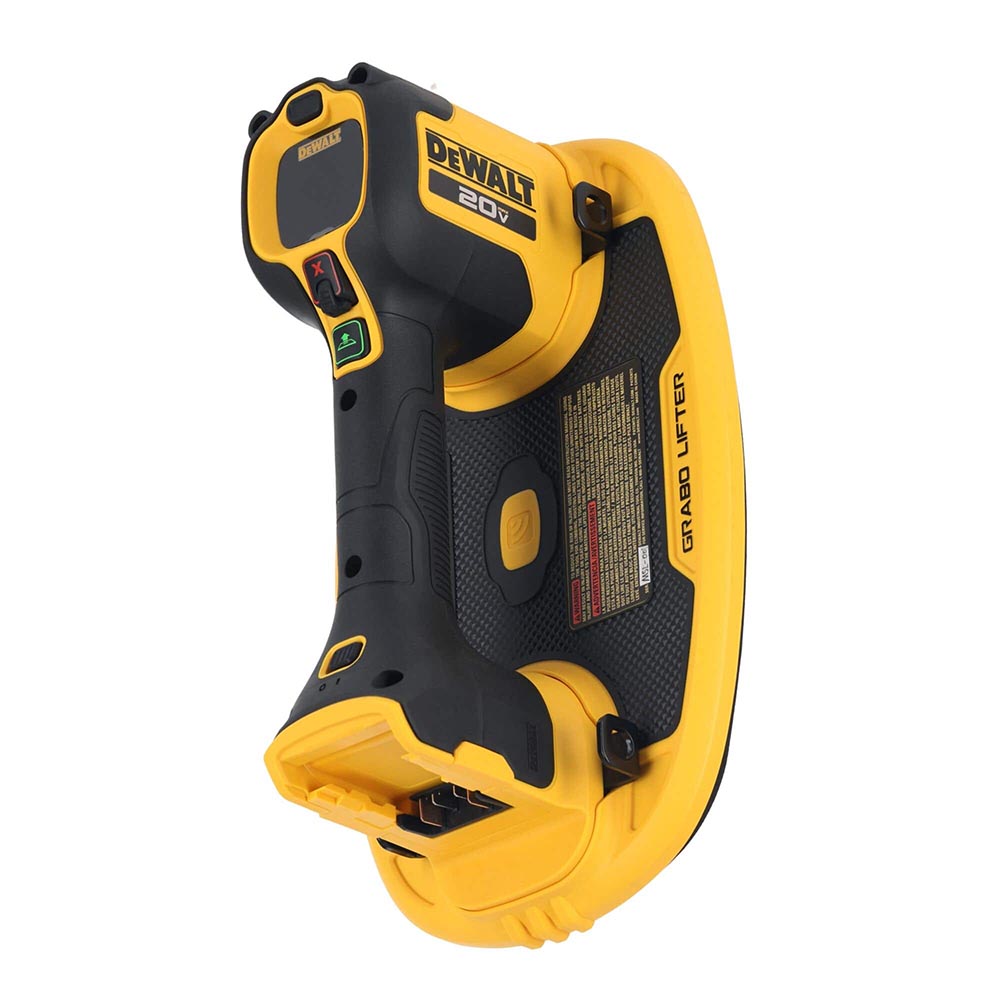 DeWalt lifter with curved oval base, contoured grip handle, and integrated control buttons near the top