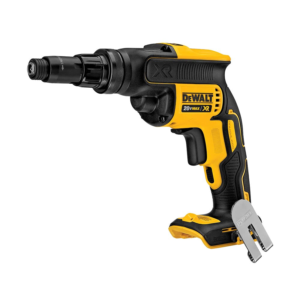 A DeWalt 20V Max XR cordless screw gun in yellow and black, featuring an ergonomic grip and a detachable belt hook, designed for efficient drywall installation