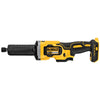 DEWALT 20V MAX brushless die grinder with a long, narrow body. Features a textured grip, adjustable speed dial, and convenient on/off switch.