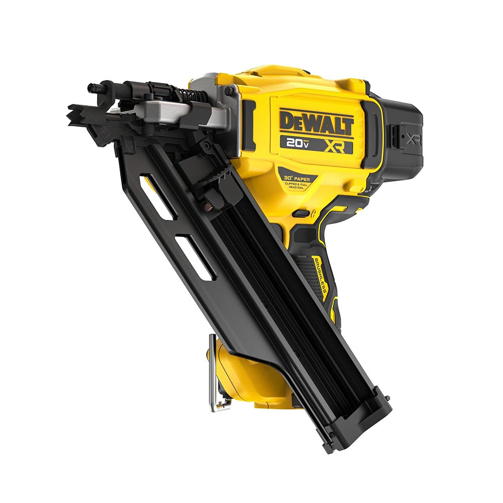 DeWalt 20V XR nailer with angled front magazine, textured grip, and compact, rugged body design