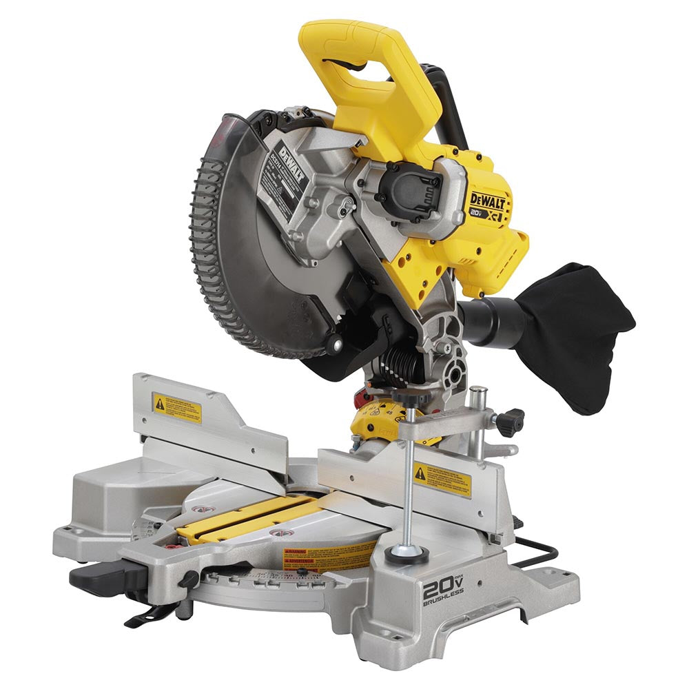 Compact miter saw featuring dual bevel scale, integrated clamp, dust collection bag, and cast base platform