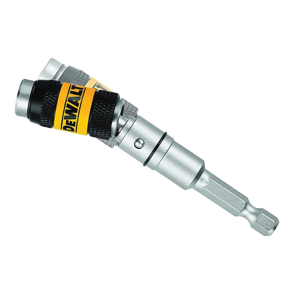 DeWalt pivoting bit tip holder with silver hex shank, black and yellow quick-release collar, and angled head for accessing tight spaces.

