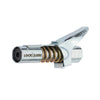 LockNLube fitting with cylindrical nozzle, coiled compression spring, and angled lever-style release clip