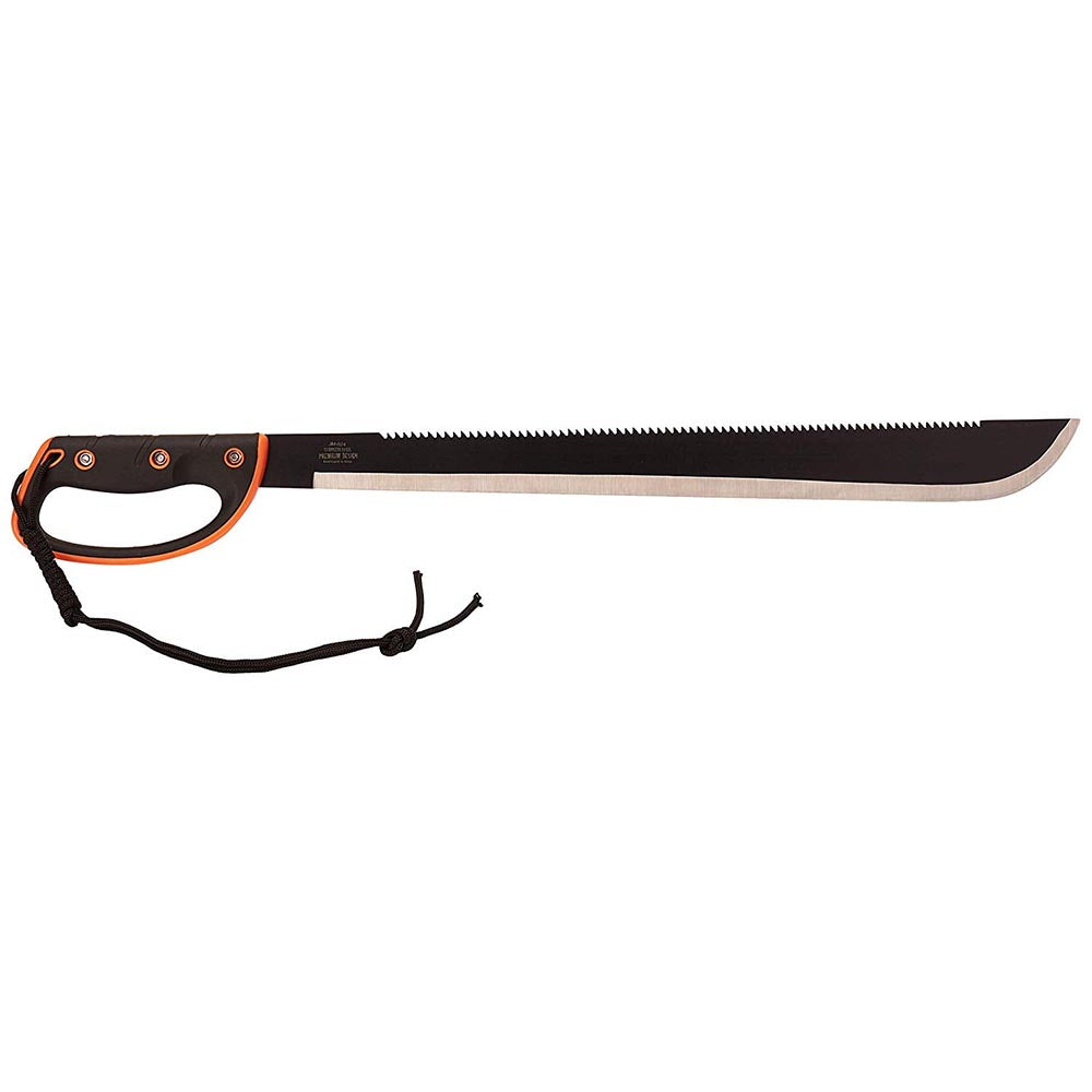 Long blade machete with partially serrated back edge, curved tip, and ergonomic handle with attached wrist cord