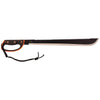 Long blade machete with partially serrated back edge, curved tip, and ergonomic handle with attached wrist cord