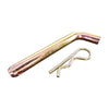 Solid steel hitch pin with bent handle and looped retaining clip, both featuring a smooth plated finish