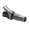 Compact fitting with grooved metal lever, cylindrical steel nozzle, and black angled base with ridged design