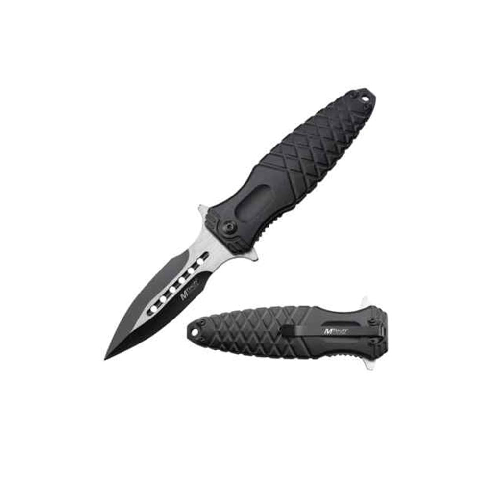 Tactical folding pocket knife with a partially black and silver blade, featuring cutout designs; black textured handle with a diamond grip pattern and pocket clip, shown both open and closed.