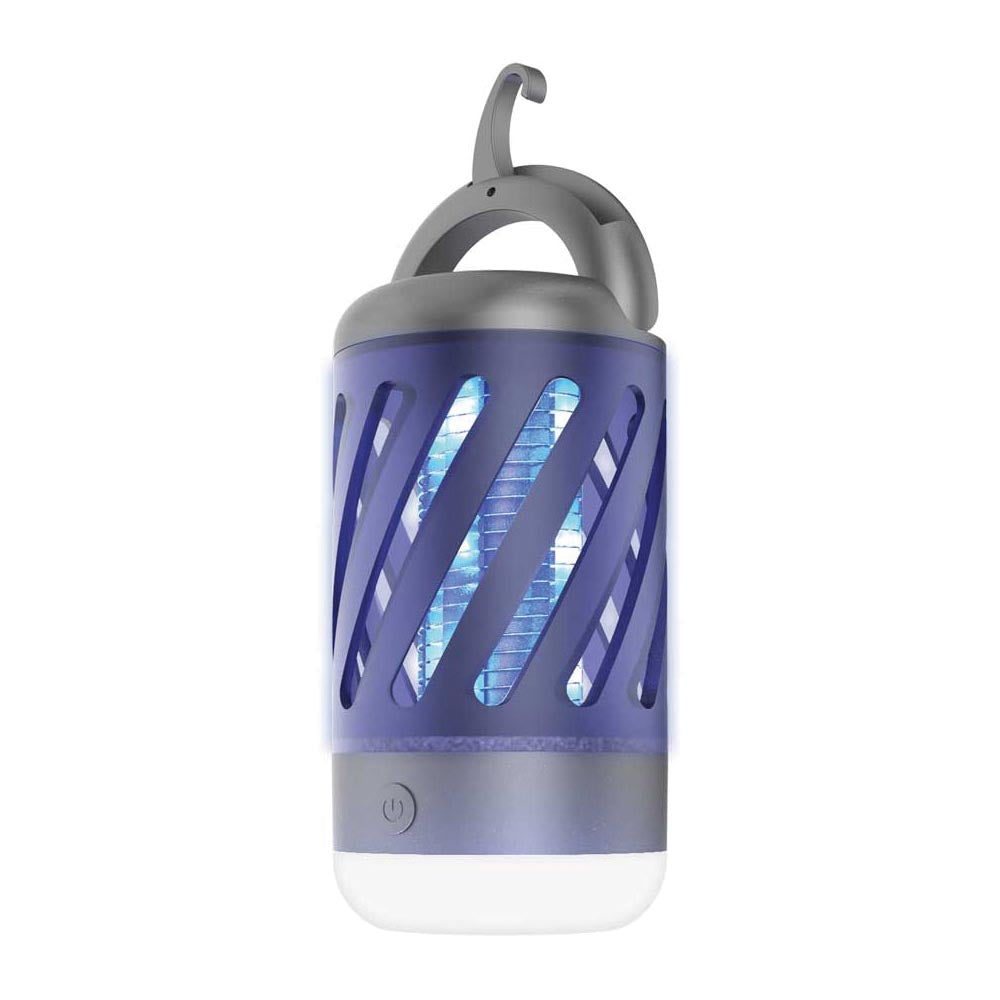 Cylindrical hanging lantern with curved hook, spiral vented outer shell, and illuminated inner core