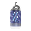 Cylindrical hanging lantern with curved hook, spiral vented outer shell, and illuminated inner core