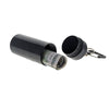 Black cylindrical capsule with threaded cap, inner storage compartment, and attached keychain carabiner clip