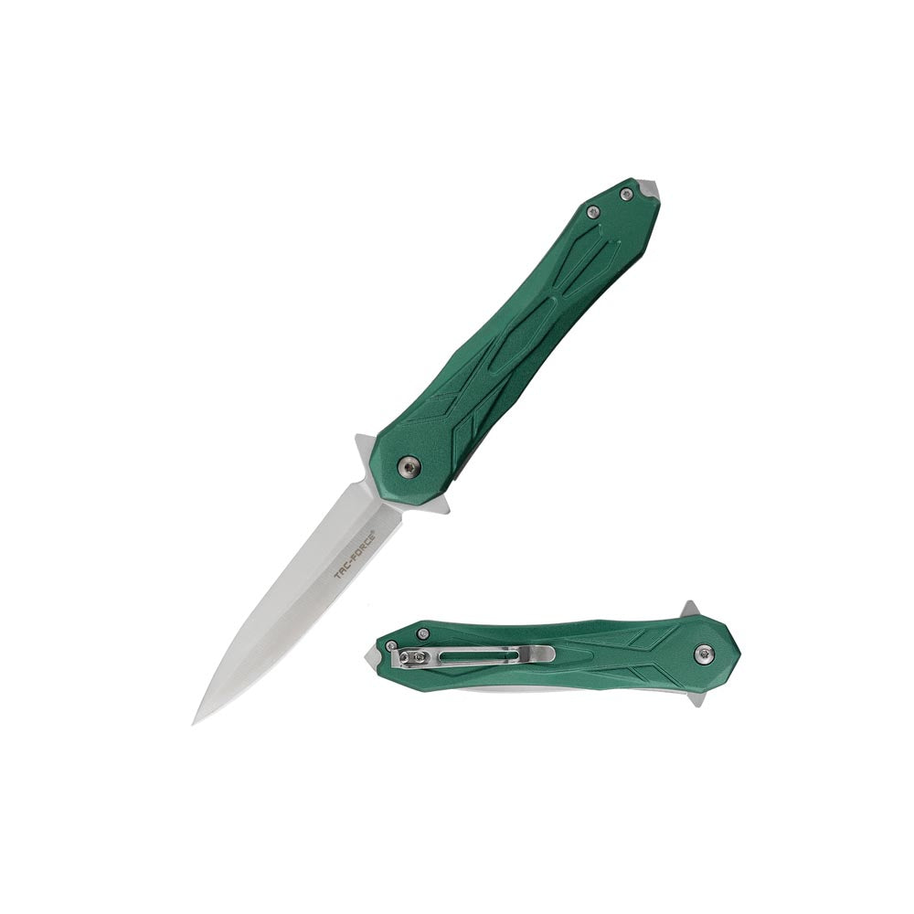 Tac-Force folding knife with slim spear-point blade, grooved green handle, and side-mounted pocket clip
