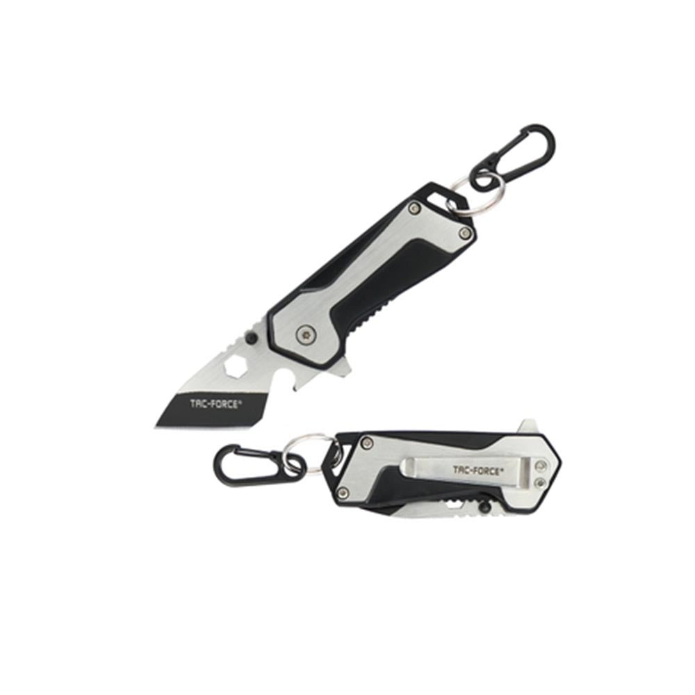 Tac-Force folding knife with carabiner clip, angled tanto blade, and hex cutout near the handle base