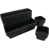 Set of black plastic bins in rectangular and square shapes, nested in stacks with smooth rounded edges