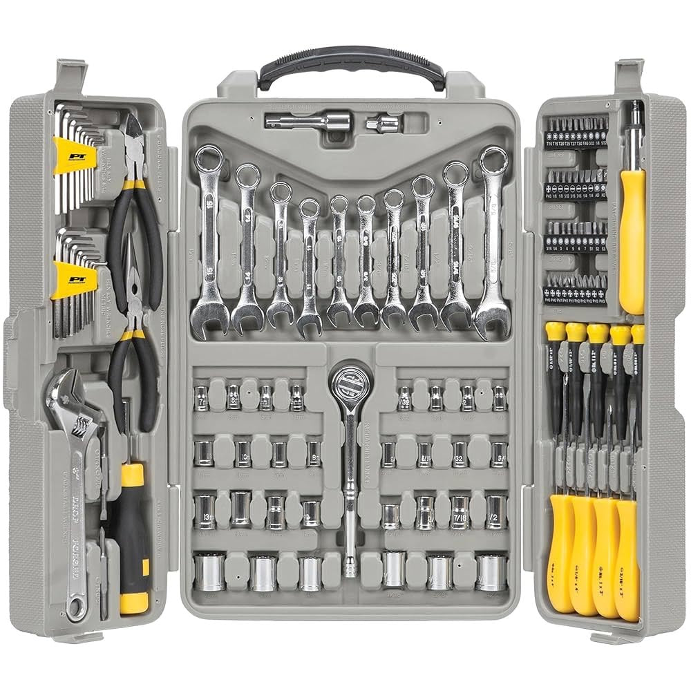 Gray molded case containing assorted hand tools including wrenches, sockets, screwdrivers, and hex keys