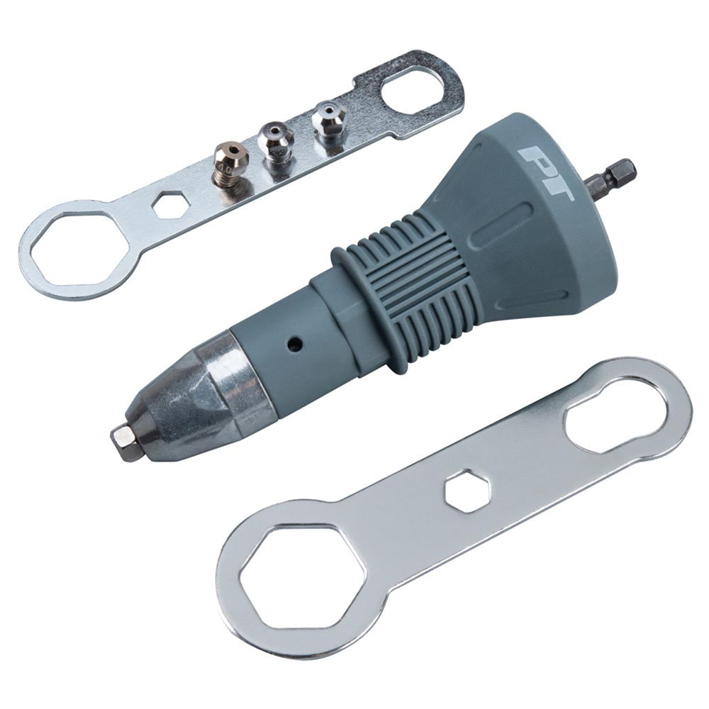 Compact PT tool attachment with ribbed grip, metal hex shank, and interchangeable nozzle tips