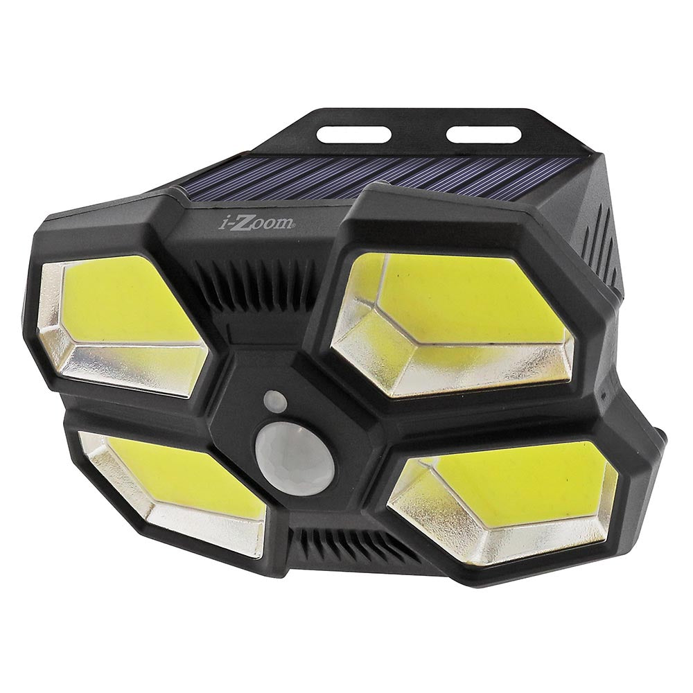 iZoom solar-powered LED security light with four hexagonal yellow COB panels, central motion sensor, and dual mounting slots