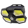 iZoom solar-powered LED security light with four hexagonal yellow COB panels, central motion sensor, and dual mounting slots