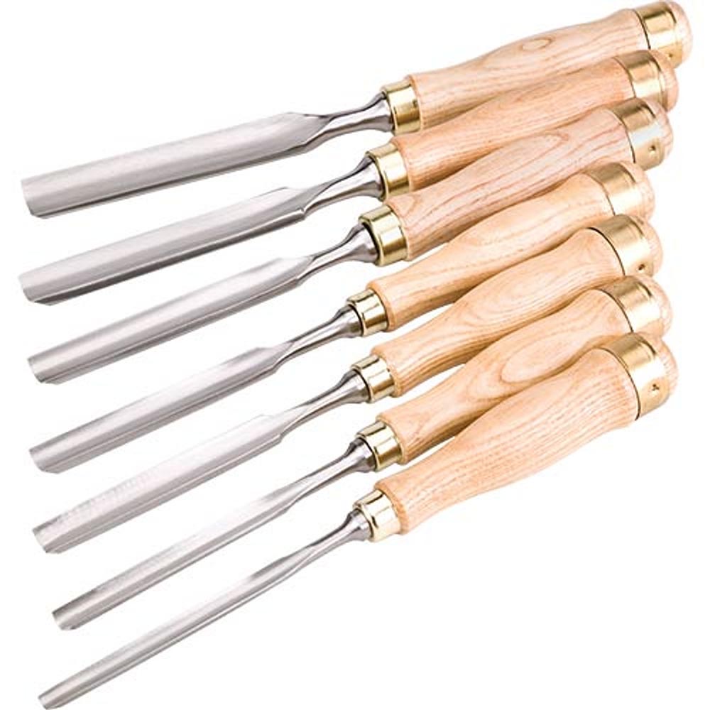 Set of wood carving chisels with polished steel blades and wooden handles, each fitted with brass ferrules.