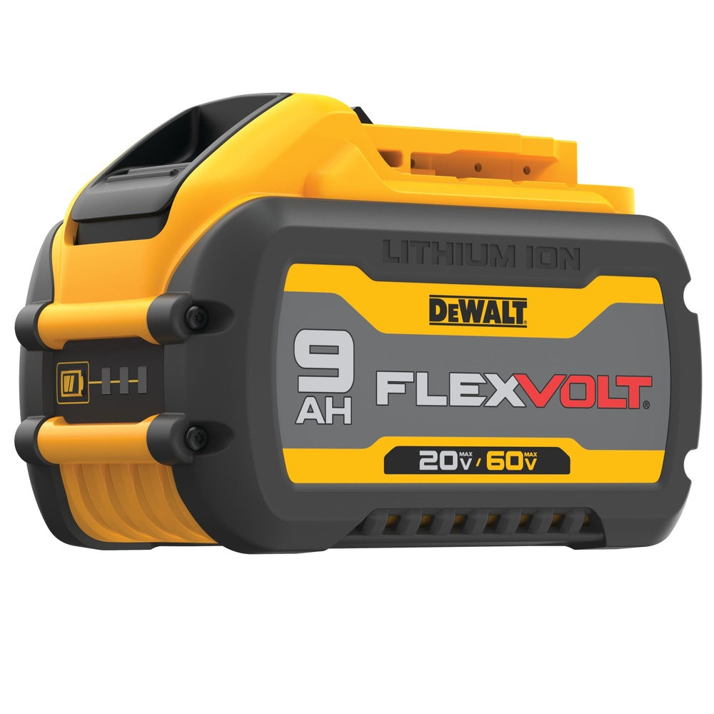 DeWalt FlexVolt 9Ah lithium-ion battery with dual voltage capability, featuring a rugged yellow and gray casing.