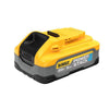 DeWalt PowerStack battery with contoured body, ribbed side grips, and bold front-facing label panel