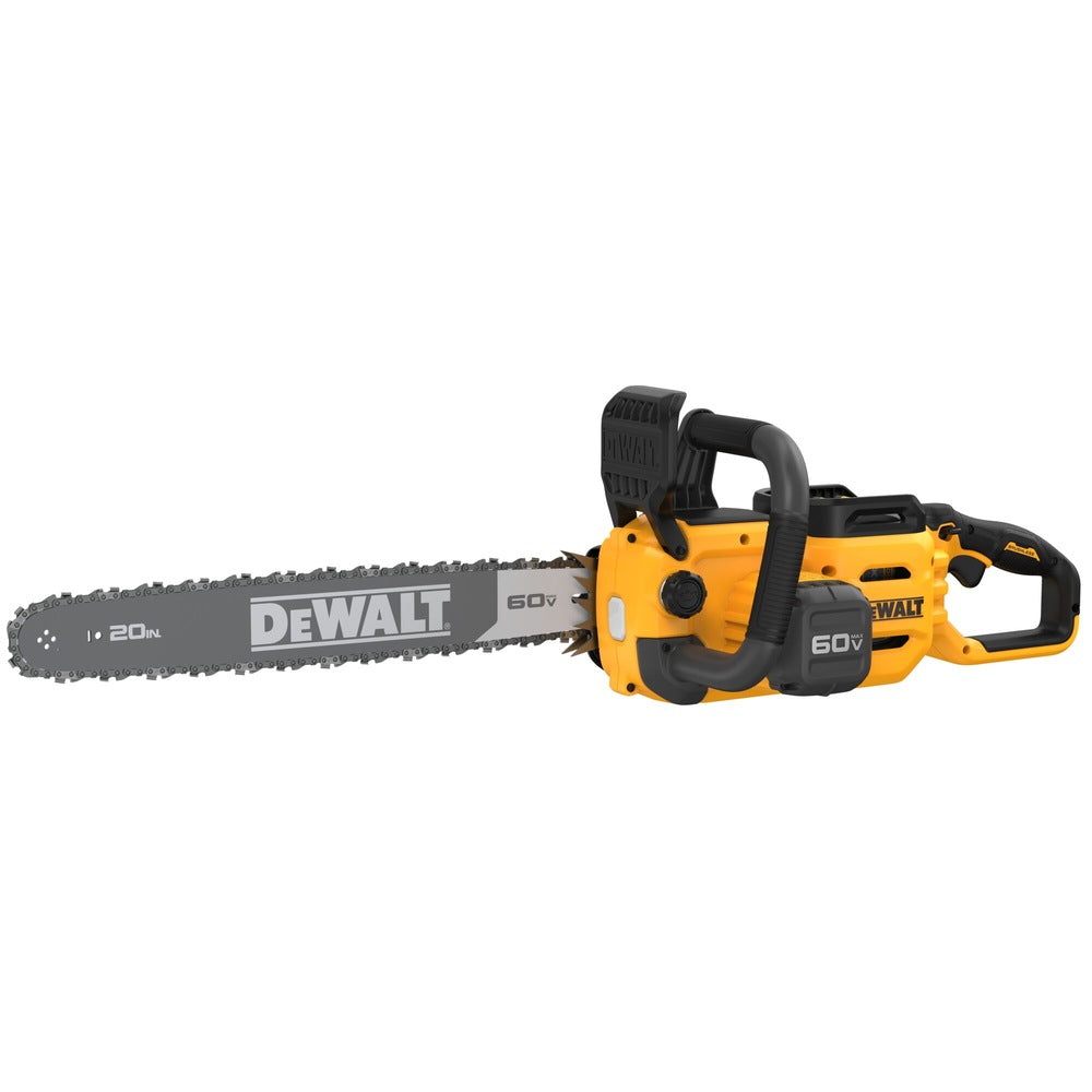 DeWalt 60V chainsaw with a 20-inch bar, ergonomic handles, and a robust yellow and black body.