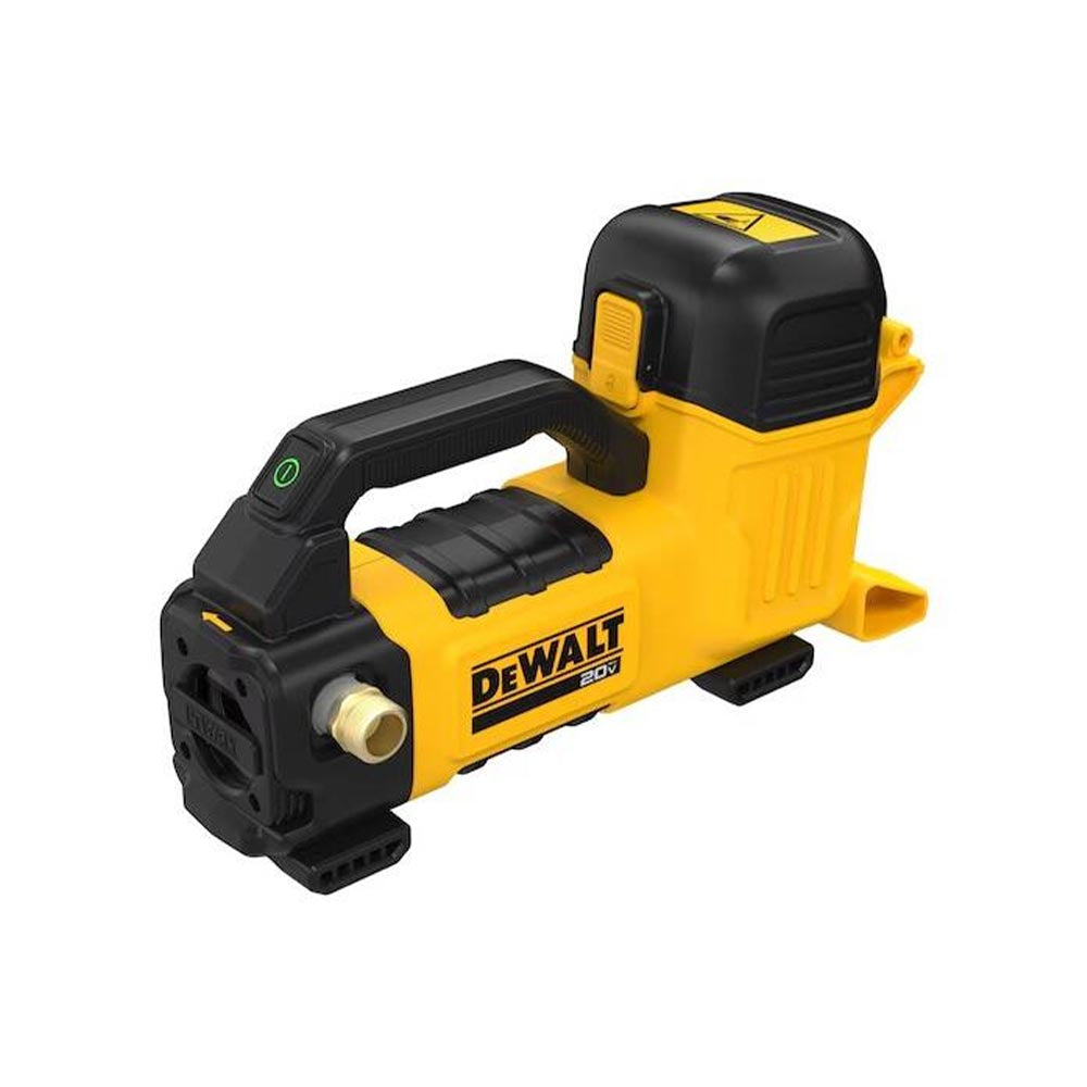DeWalt transfer pump with integrated carry handle, ribbed midsection, and front-facing threaded garden hose connector port