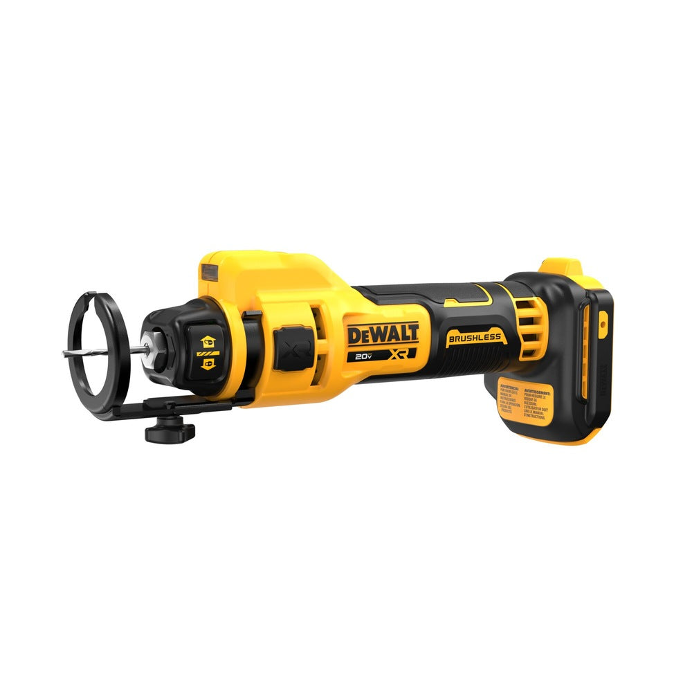 DeWalt 20V XR brushless drywall cutoff tool with a compact design, circular cutting bit, and ergonomic grip.