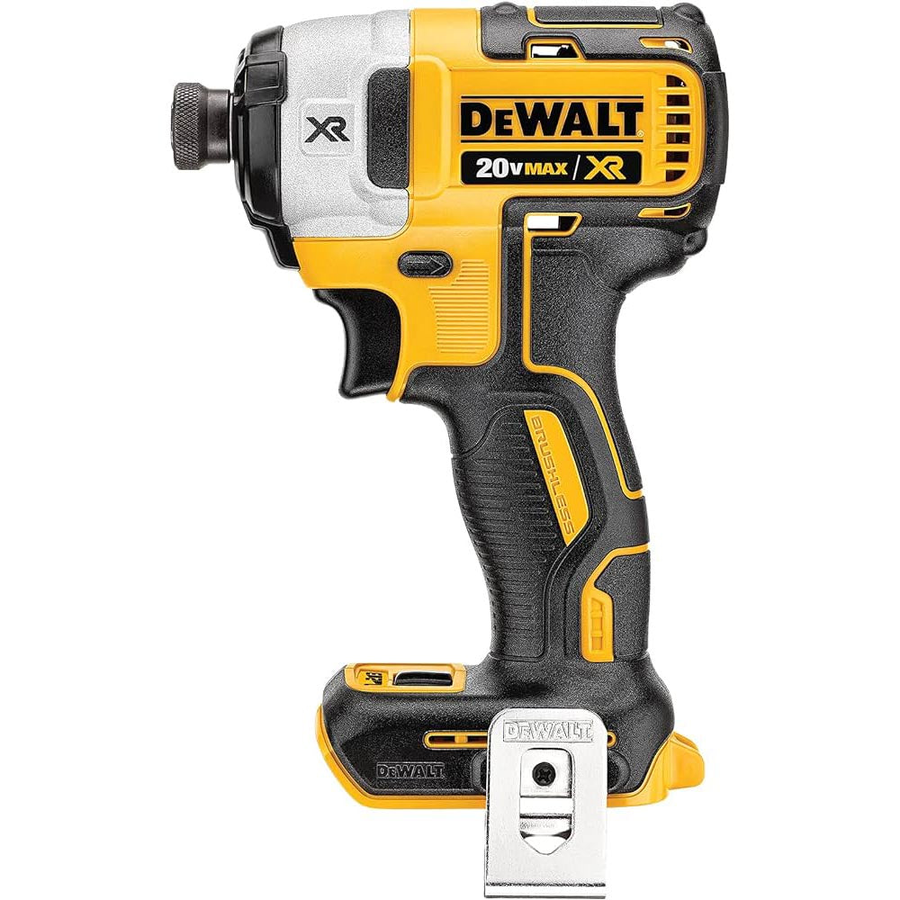 DEWALT 20V MAX XR brushless impact driver with a compact design. Features a quick-release hex chuck, ergonomic grip, and belt clip.