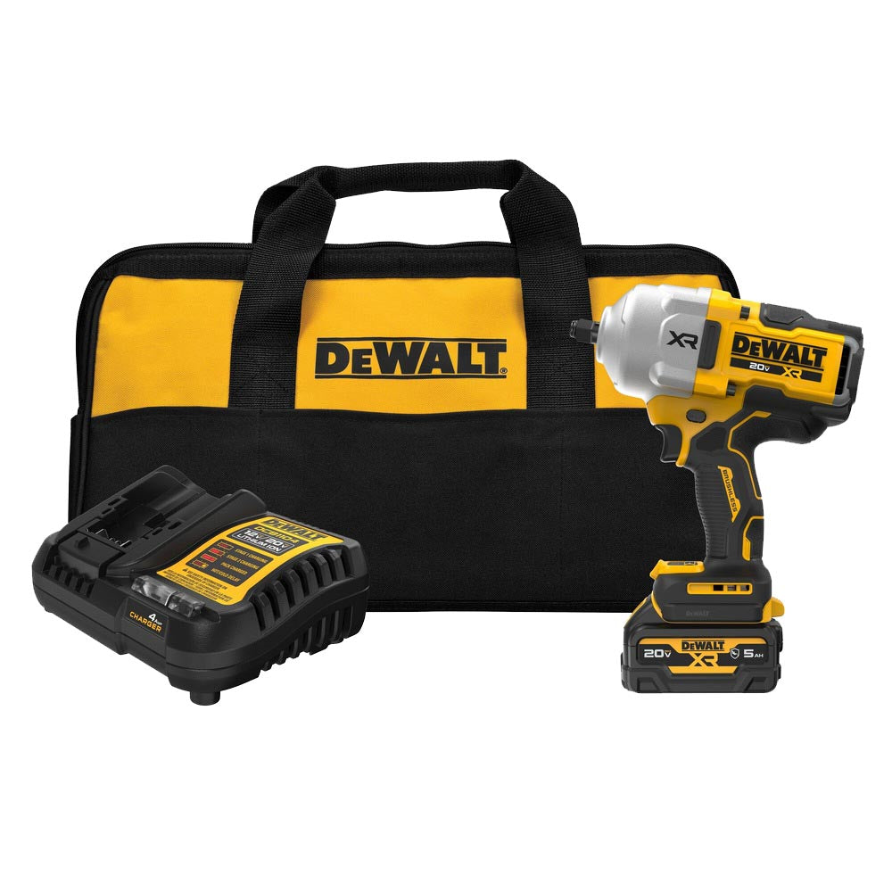 
DEWALT 20V XR impact wrench kit with charger, battery, and black and yellow carrying bag.