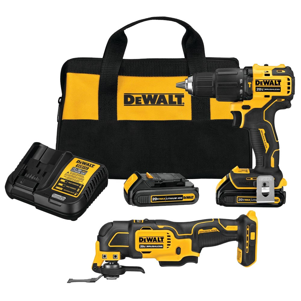 DEWALT 20V tool kit with drill, oscillating multi-tool, charger, two batteries, and a black and yellow carrying bag.