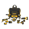 DeWalt power tool set with a drill, impact driver, saws, grinder, sander, batteries, charger, and storage bag.