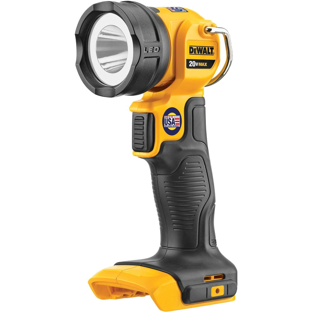 DeWalt 20V Max flashlight with a contoured handle, black protective head, and large front lens.