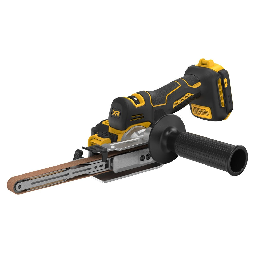 DeWalt band file with a narrow sanding belt, ergonomic grip, and side handle