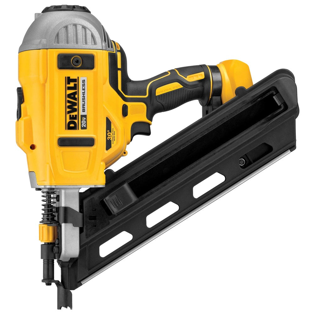 DeWalt 20V Max brushless nailer with a textured grip, angled magazine, and black nail guide.