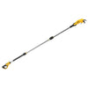 DeWalt pole pruner with extended silver shaft, angled top housing, and hooked cutting head at the tip