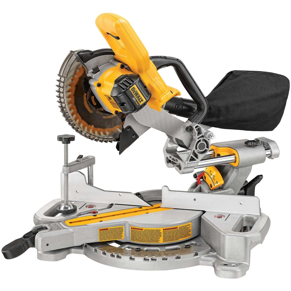 DeWalt miter saw with a circular blade, adjustable miter base, and ergonomic handle. Dust collection bag attached.