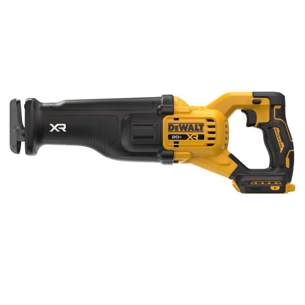 DeWalt 20V XR reciprocating saw with a rugged housing, contoured grip, variable-speed trigger, and tool-free blade clamp.