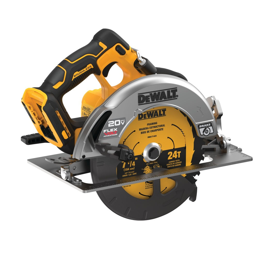 DeWalt circular saw with a 7 1/4-inch blade featuring a durable blade guard, textured handle, and adjustable cutting depth