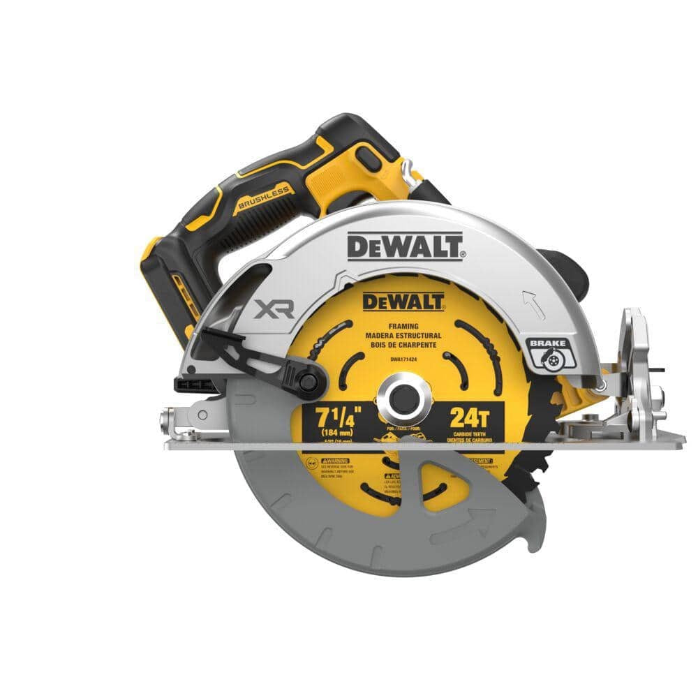 DeWalt 20V XR circular saw with a durable metal blade guard, ergonomic handle, side bevel adjustment, and carbide blade.