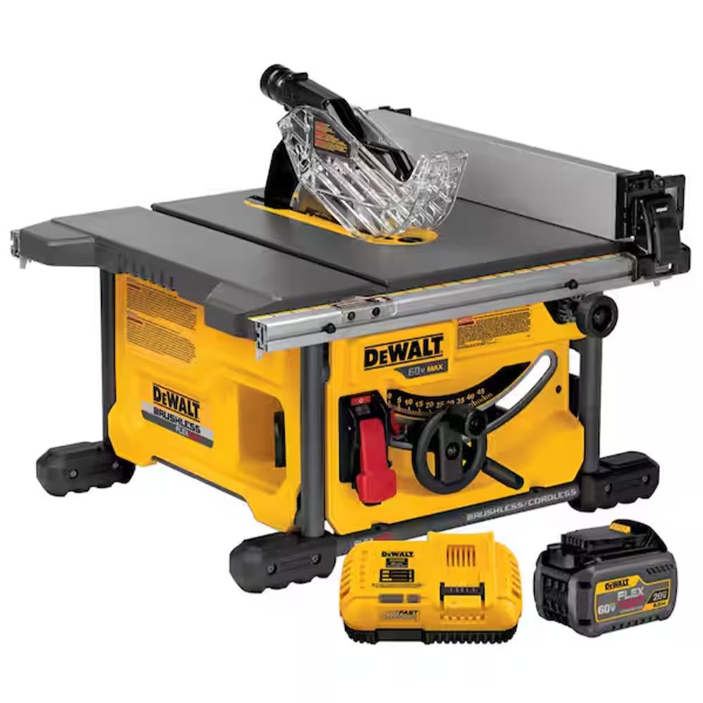 DeWalt 60V Max table saw featuring a sturdy yellow body, precision fence, and includes a FlexVolt battery and charger.