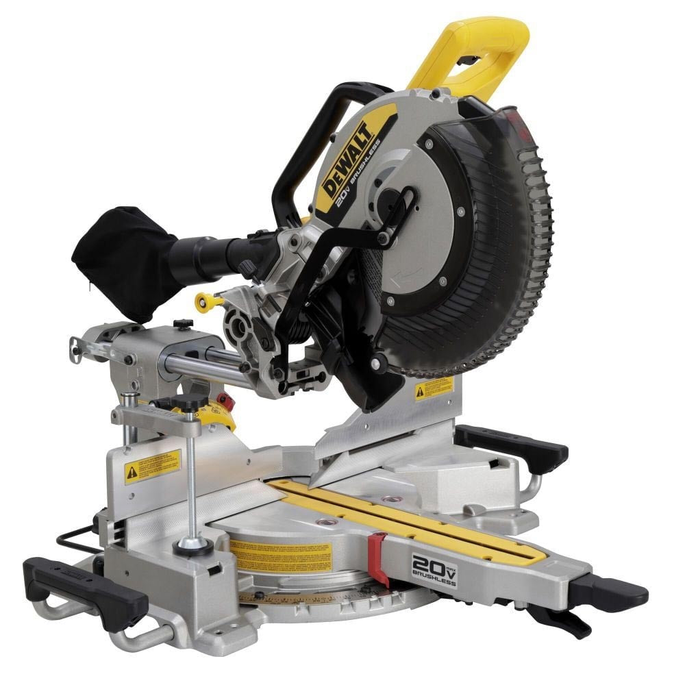 DeWalt 20V saw featuring contoured base, top carry handle, adjustable table, and protective blade guard