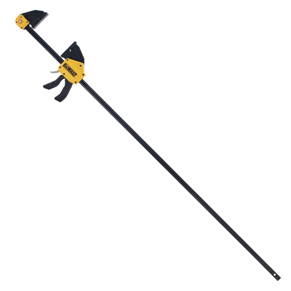 DeWalt bar clamp with a long black steel bar, adjustable jaw, and a yellow and black quick-release handle.