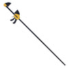 DeWalt bar clamp with a long black steel bar, adjustable jaw, and a yellow and black quick-release handle.